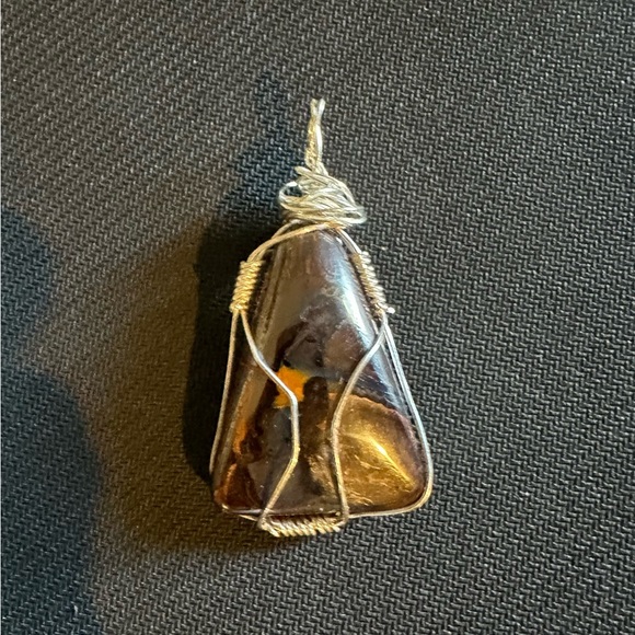 Handmade Jewelry - Artisan Sterling Silver Wrapped Brown Semi Precious Stone Pendant
